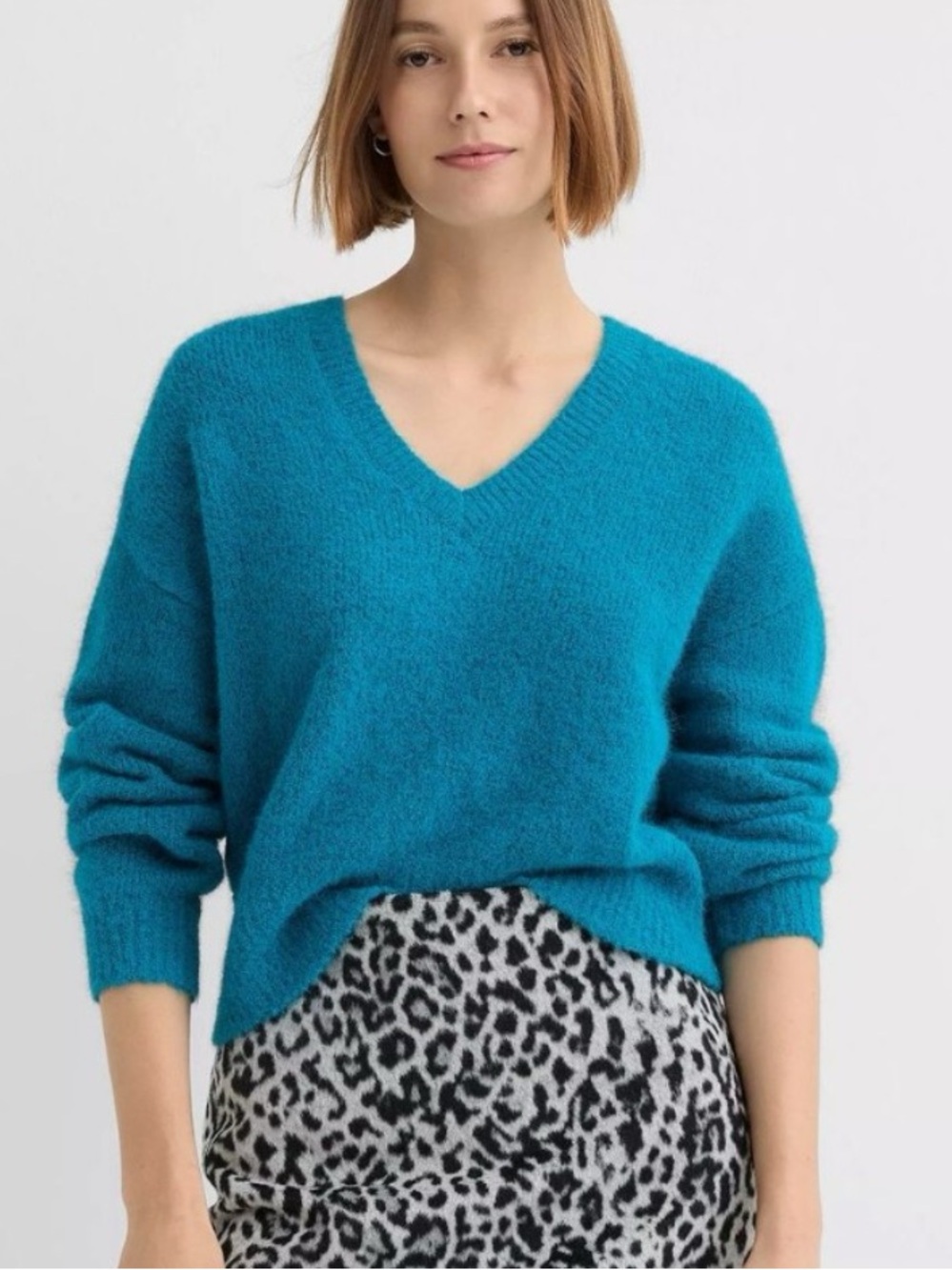 Loft Blue Rib Trim V-Neck Long Sleeve Pullover Sweater Size Large
